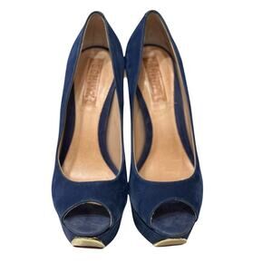 Schutz Navy Suede Peep Toe Platform Heels Gold Tip Size 6B / EU 37